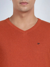 V Neck Burnt Orange Melange Full Sleeve Pullover