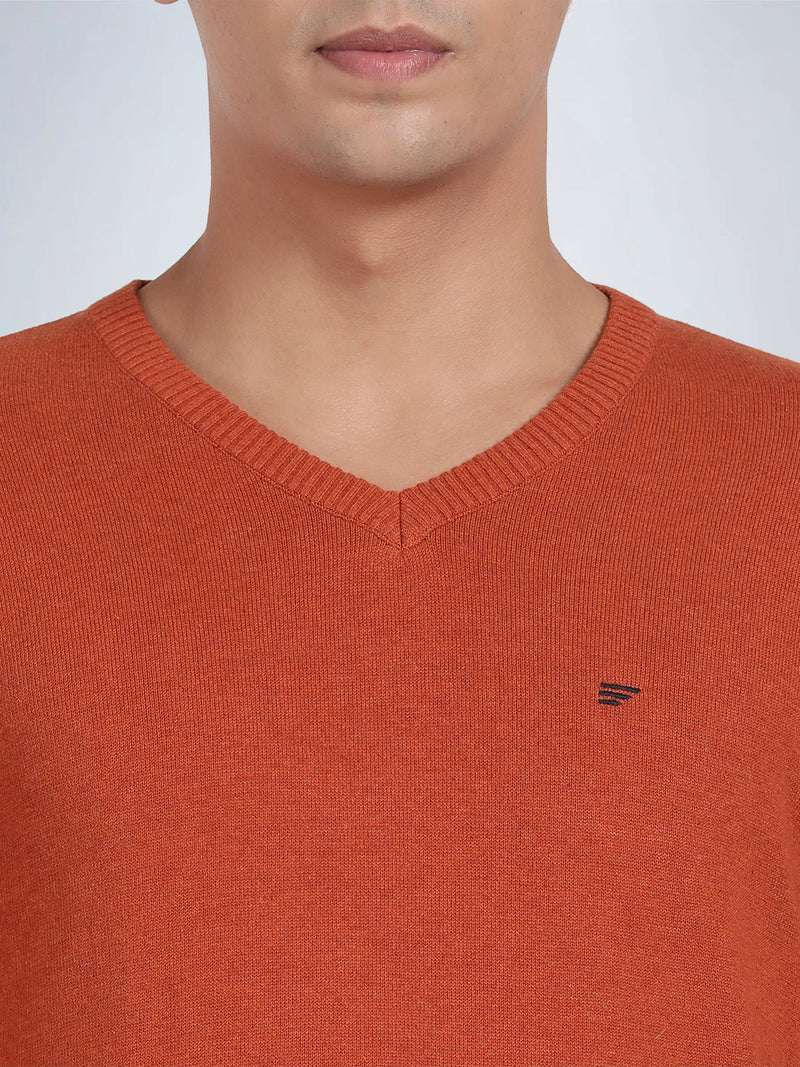 V Neck Burnt Orange Melange Full Sleeve Pullover