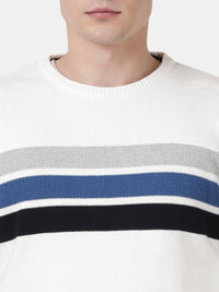 T-Base Men Off White & Blue Colourblocked Striped Pullover