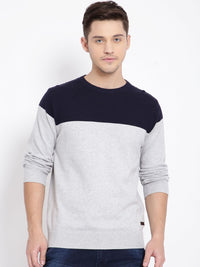 T-Base Men Grey & Navy Blue Colourblocked Pullover Sweater