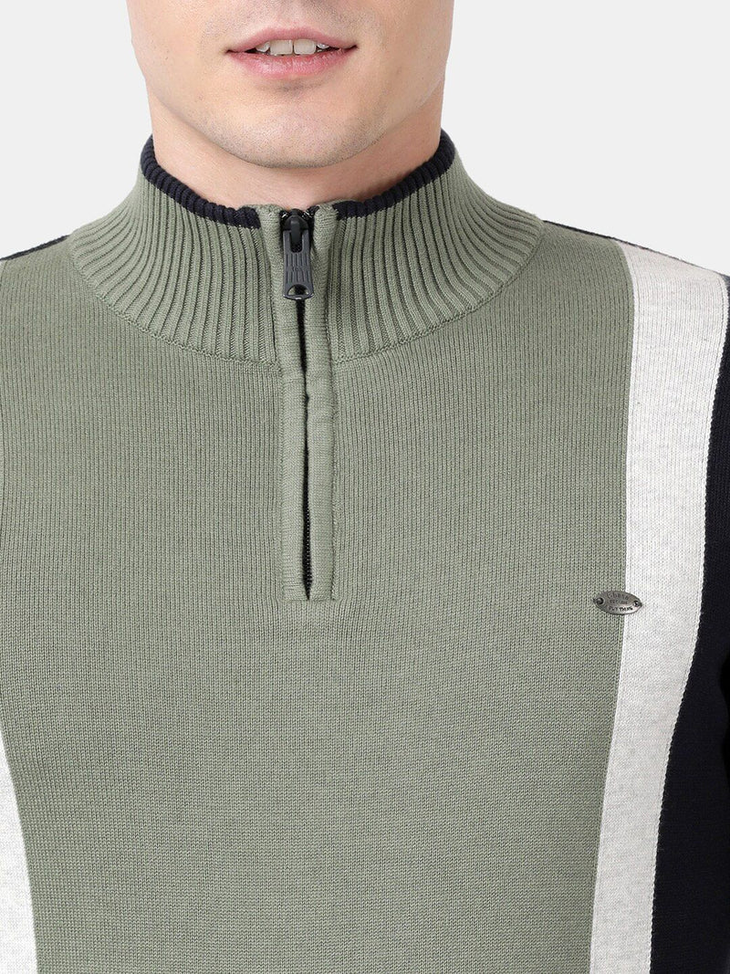 T-Base Men Olive Green & Black Colourblocked Pullover With Zip Detail