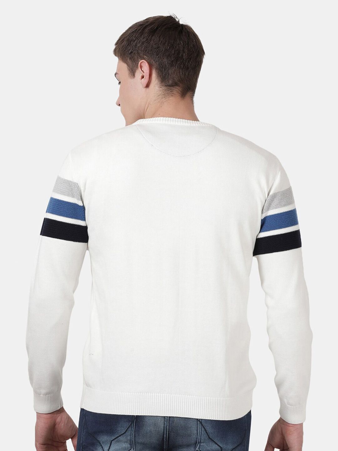 T-Base Men Off White & Blue Colourblocked Striped Pullover