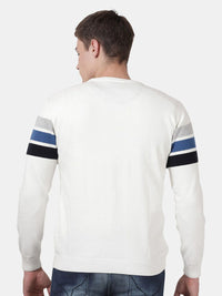 T-Base Men Off White & Blue Colourblocked Striped Pullover