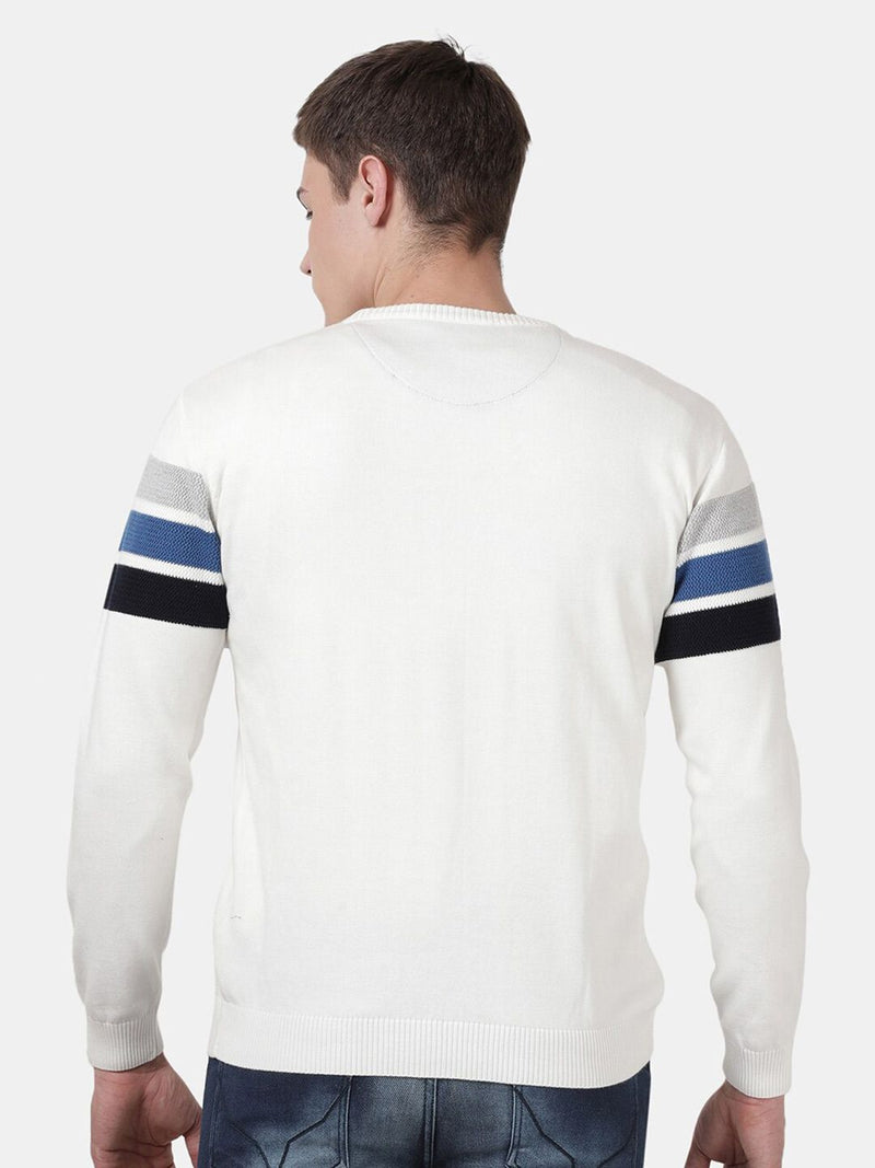 T-Base Men Off White & Blue Colourblocked Striped Pullover