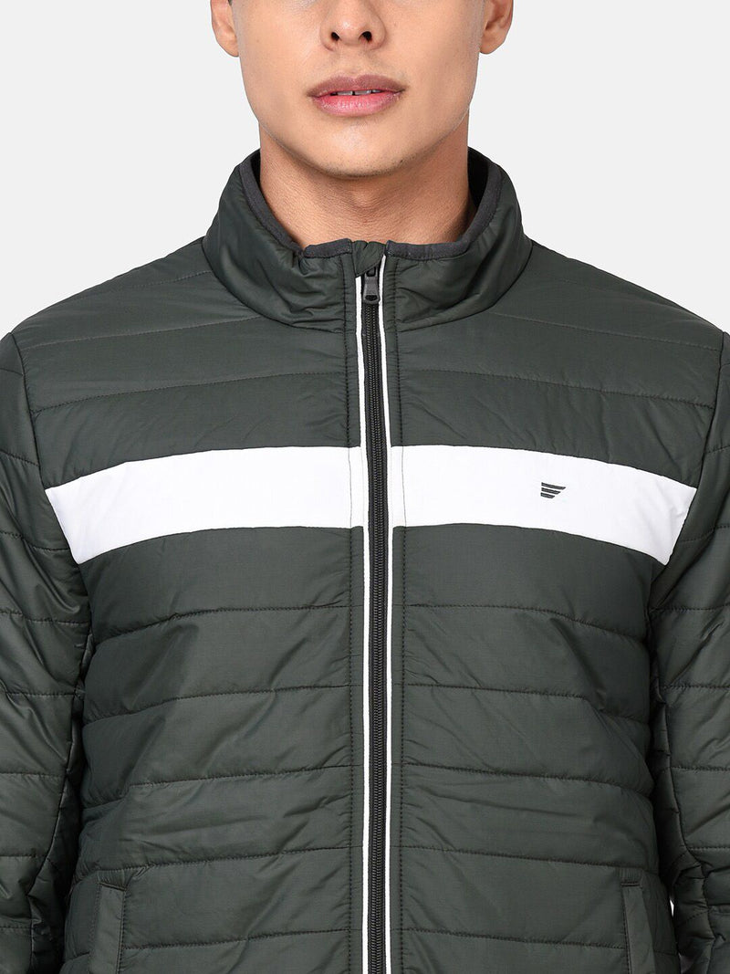 t-base Men Green & White Colourblocked Lightweight Puffer Jacket