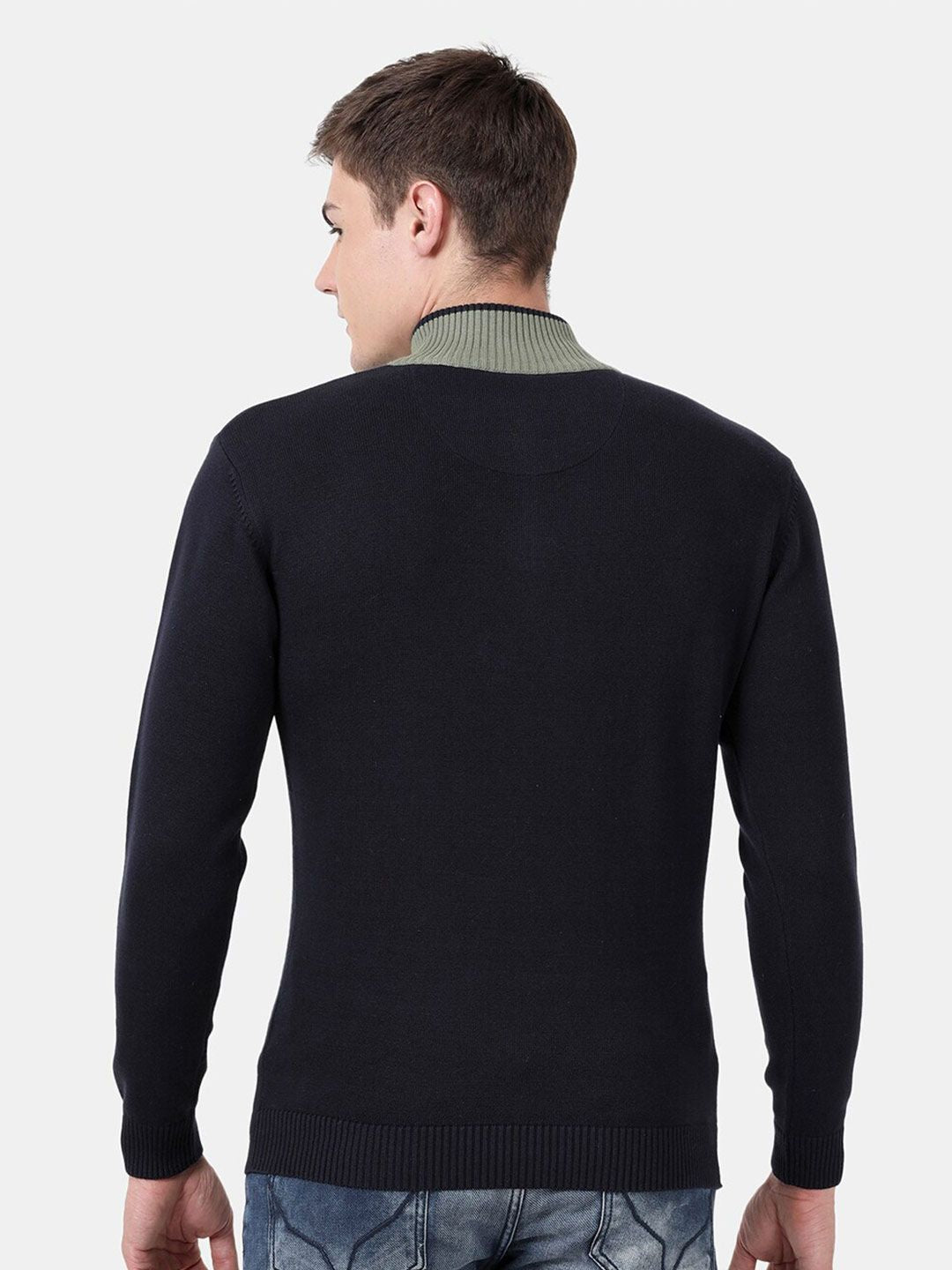 T-Base Men Olive Green & Black Colourblocked Pullover With Zip Detail