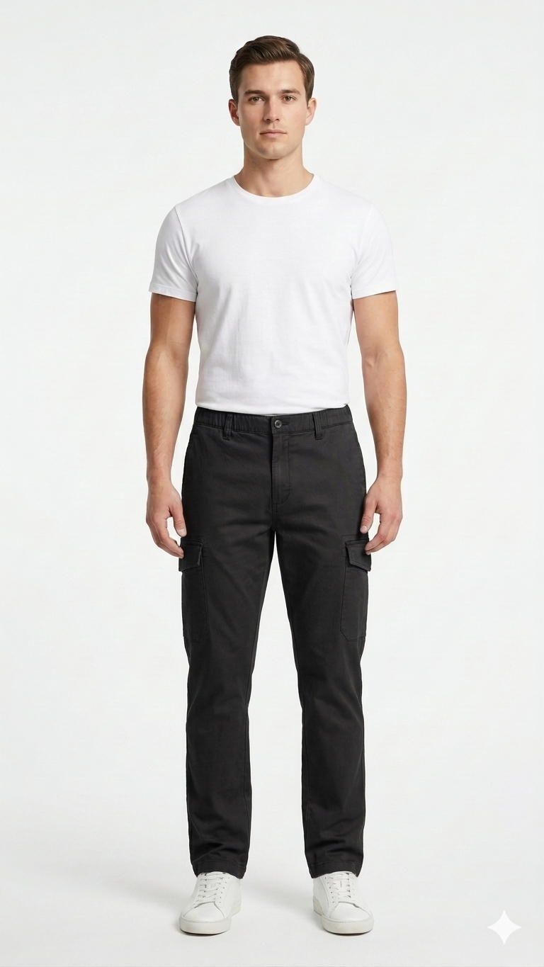 T-Base Men’s Black Cargo Trouser | Mid-Rise Casual Utility Pants with 6 Pockets