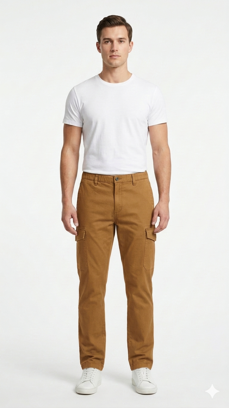 T-Base Men’s Caramel Cargo Trouser | Mid-Rise Casual Utility Pants with 6 Pockets