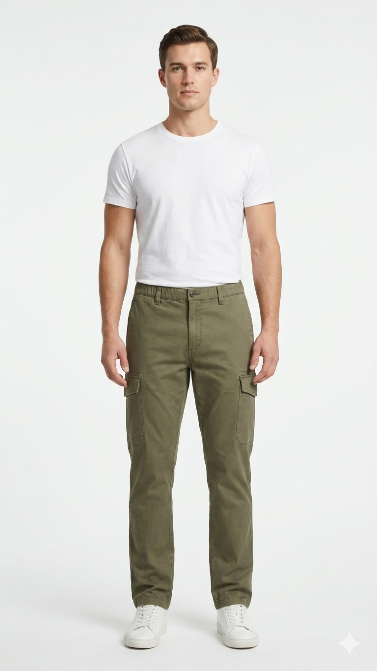 T-Base Men’s Khaki Fonce Cargo Trouser | Mid-Rise Casual Utility Pants with 6 Pockets