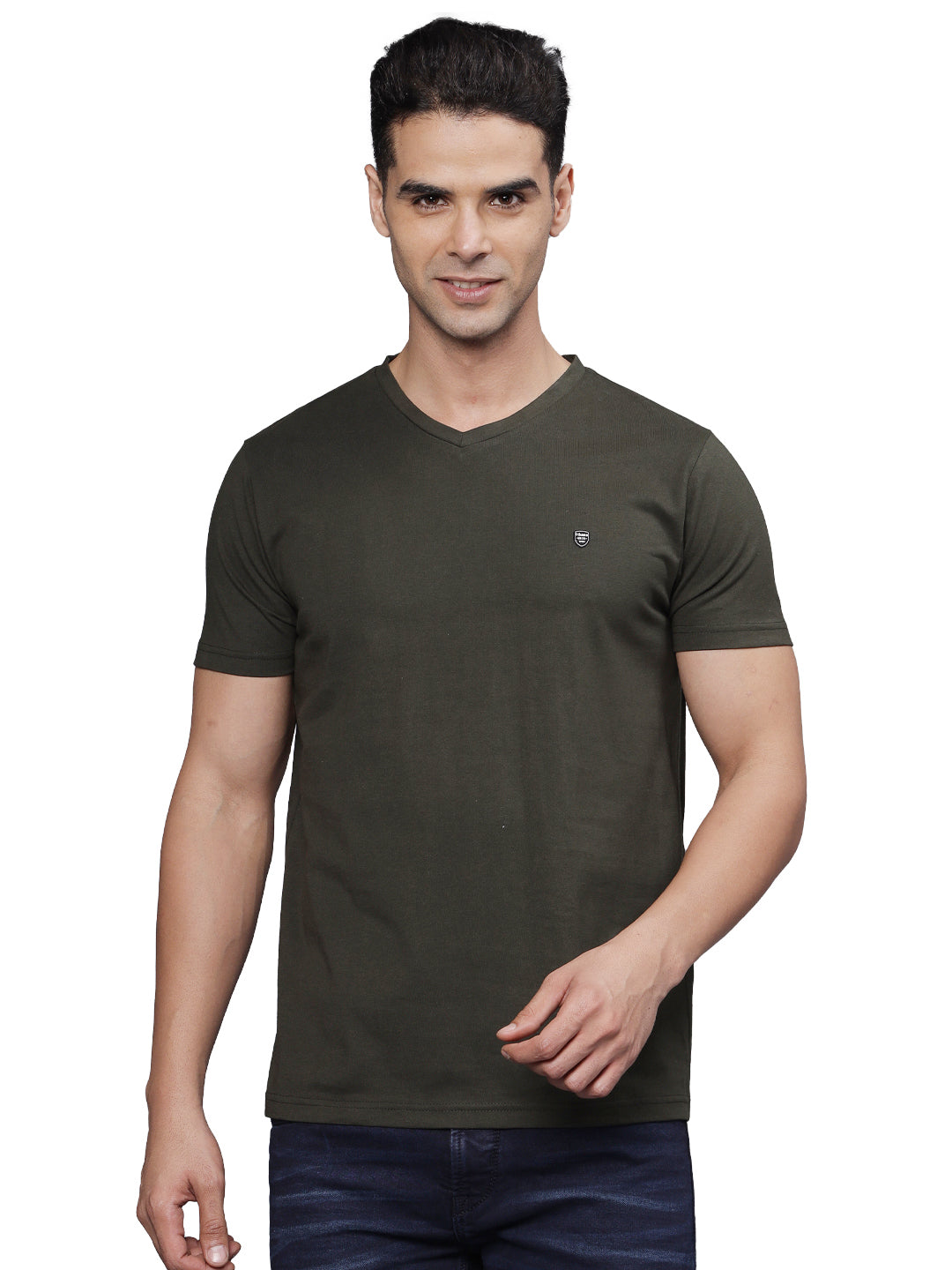 TBASE Men's Cotton Solid V-Neck T-Shirt | Short Sleeves | Regular Fit | Casual Everyday|RIFLE GREEN