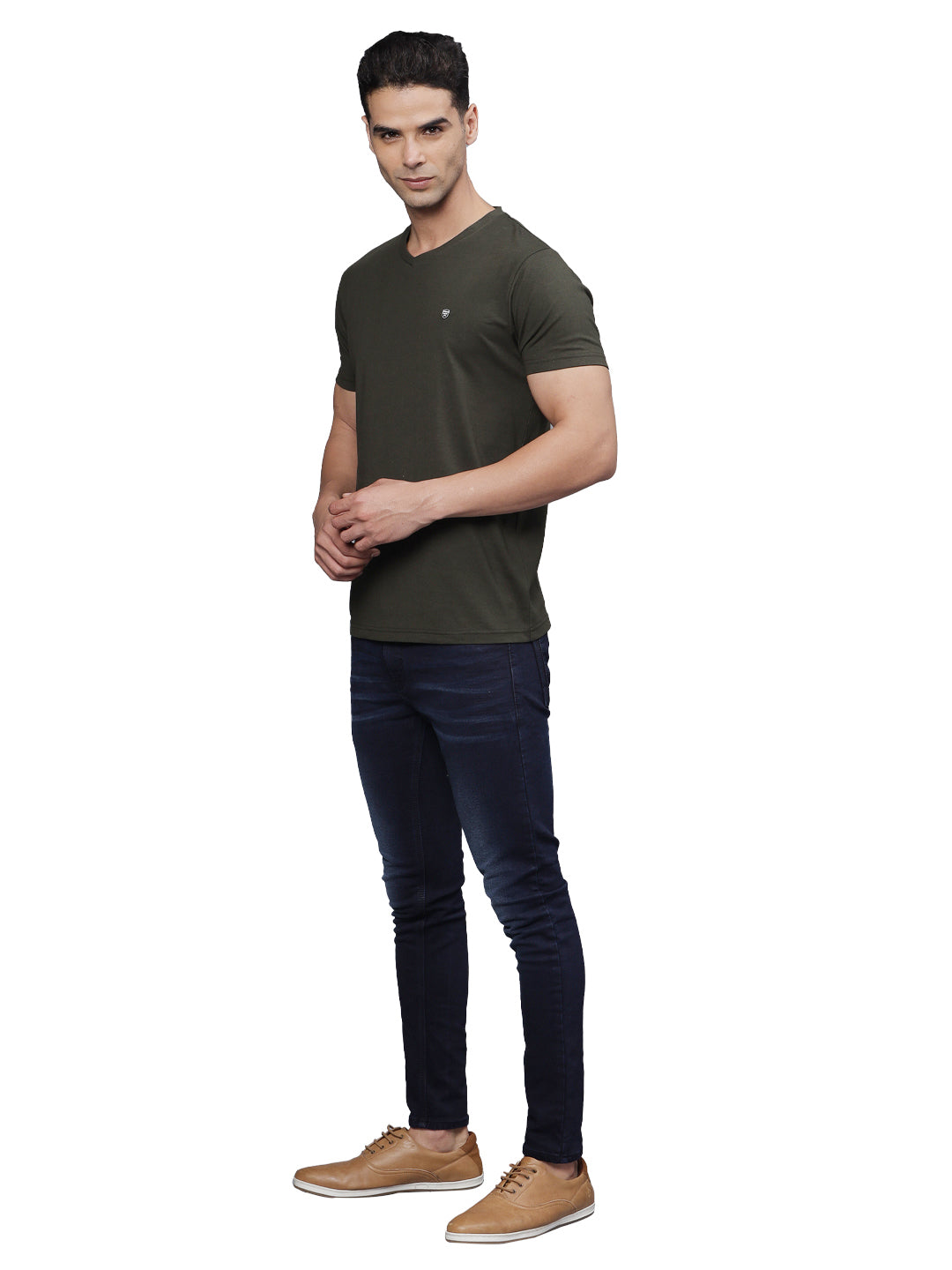 TBASE Men's Cotton Solid V-Neck T-Shirt | Short Sleeves | Regular Fit | Casual Everyday|RIFLE GREEN
