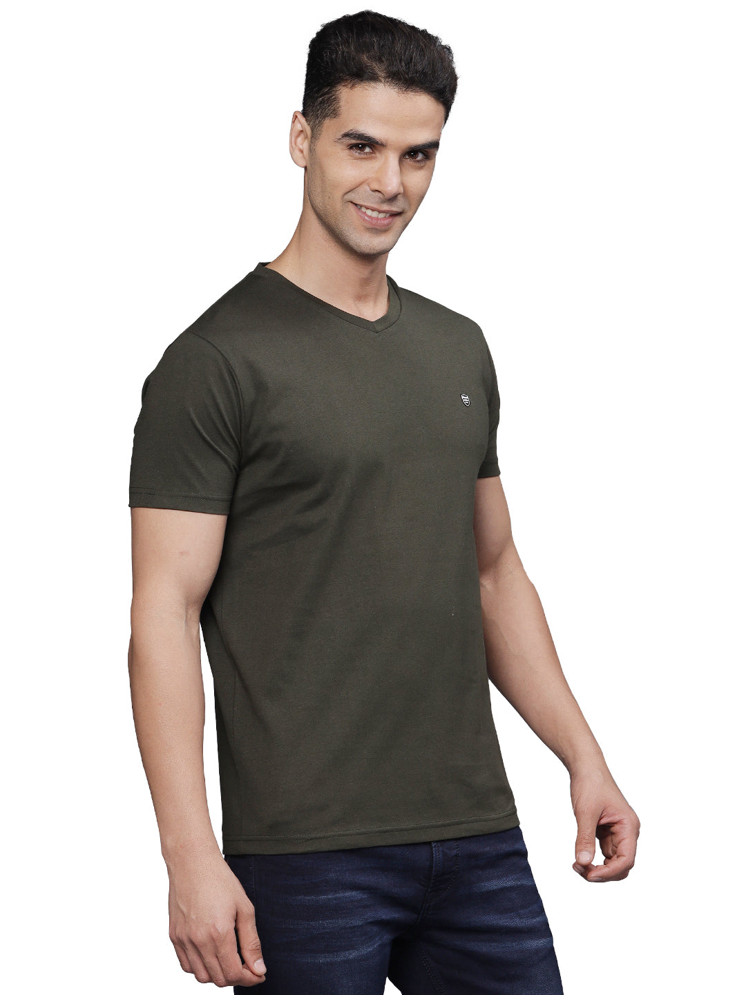 TBASE Men's Cotton Solid V-Neck T-Shirt | Short Sleeves | Regular Fit | Casual Everyday|RIFLE GREEN