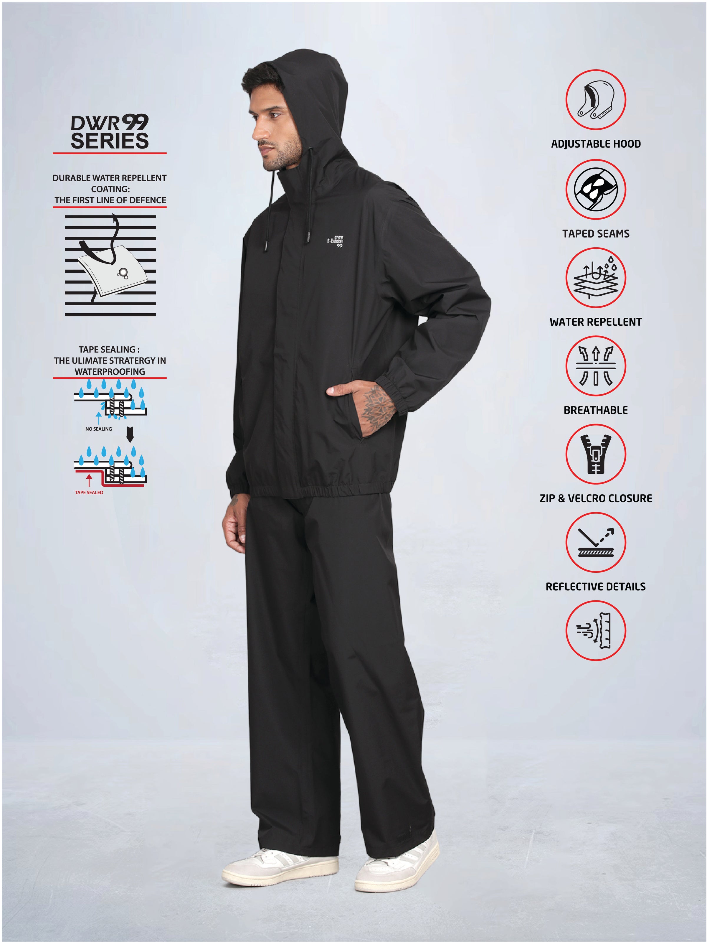 T-Base Men’s Black Rain Jacket Waterproof Hooded