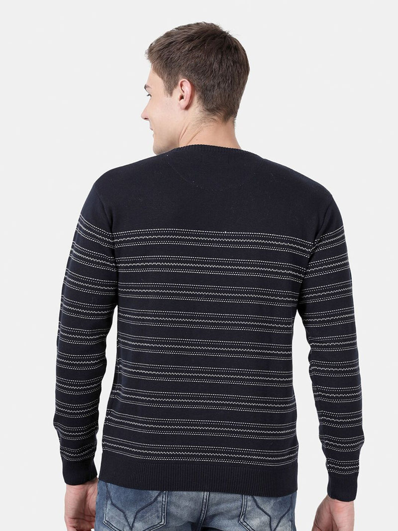 T-Base Men Navy Blue & White Striped Pullover