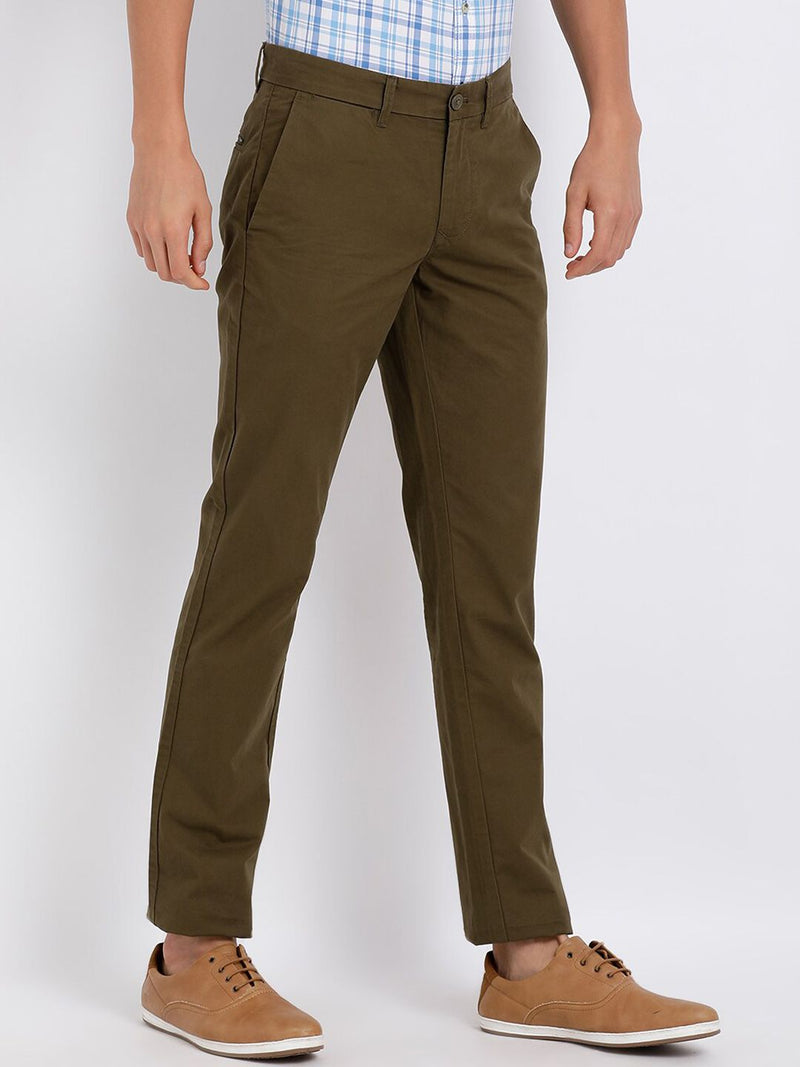 T-Base Men Olive Green Easy Wash Chinos Trousers