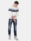 T-Base Men Off White & Blue Colourblocked Striped Pullover