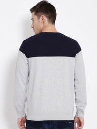T-Base Men Grey & Navy Blue Colourblocked Pullover Sweater