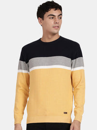Crew Neck Full Sleeve Yellow Melange Color Blocked Pullover