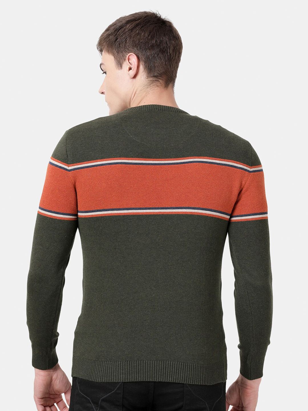 T-Base Men Green & Orange Striped Pullover