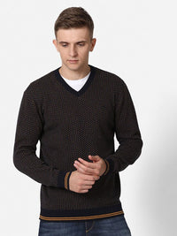 T-Base Men Charcoal & Mustard Quirky Printed Cotton Pullover