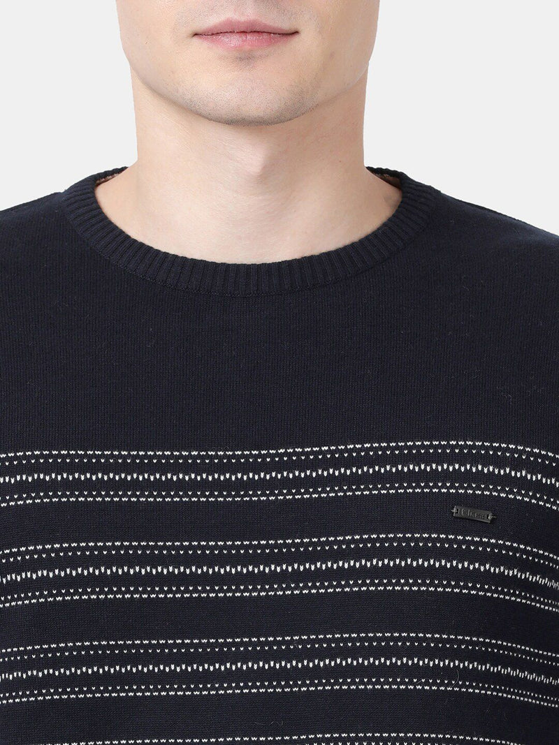 T-Base Men Navy Blue & White Striped Pullover