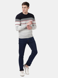 T-Base Men Navy Blue & Grey Striper Cotton Crewneck Sweater