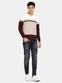 T-Base Men V-Neck Colourblocked Cotton Pullover