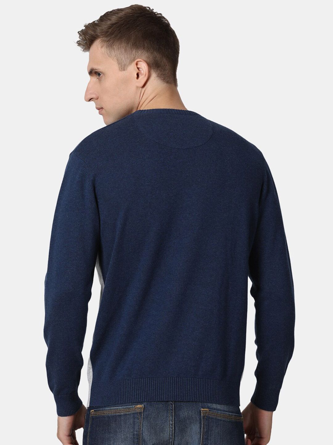 T-Base Men Navy Blue & Grey Colourblocked Cotton Pullover