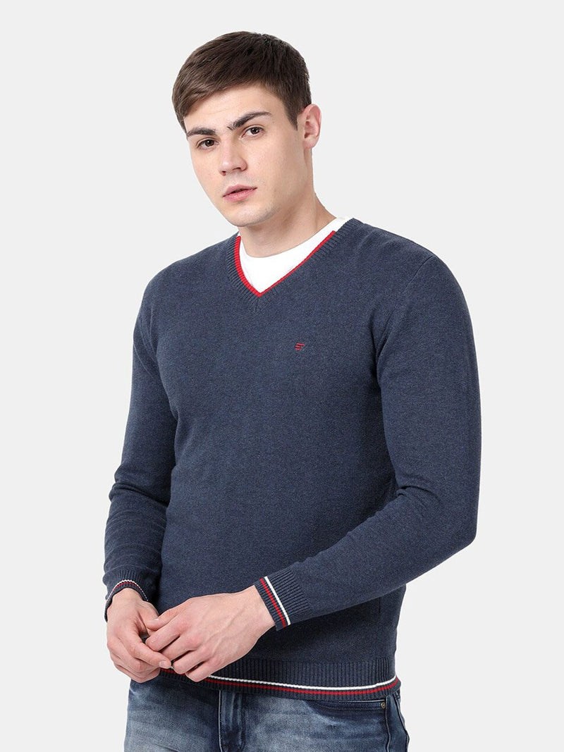 T-Base Men'S V-Neck Blue Sweater