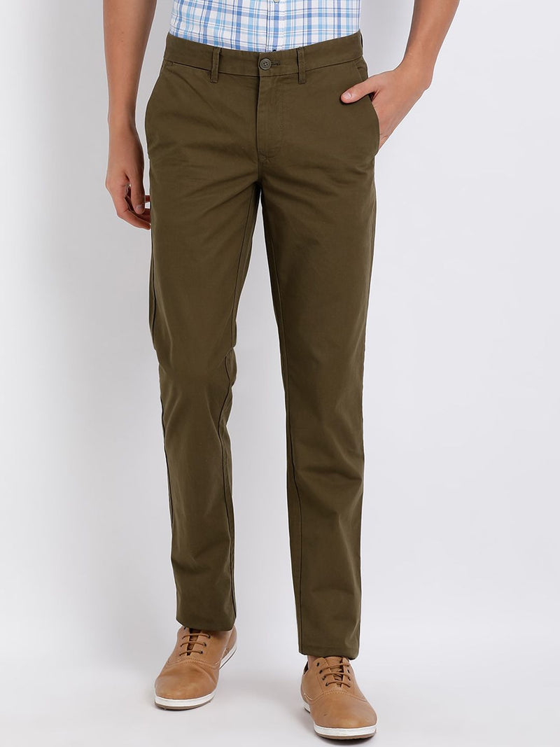 T-Base Men Olive Green Easy Wash Chinos Trousers