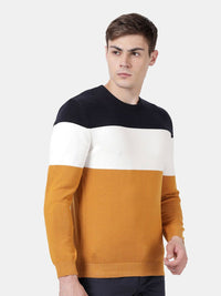 T-Base Colourblocked Round Neck Long Sleeves Cotton Pullover Sweater