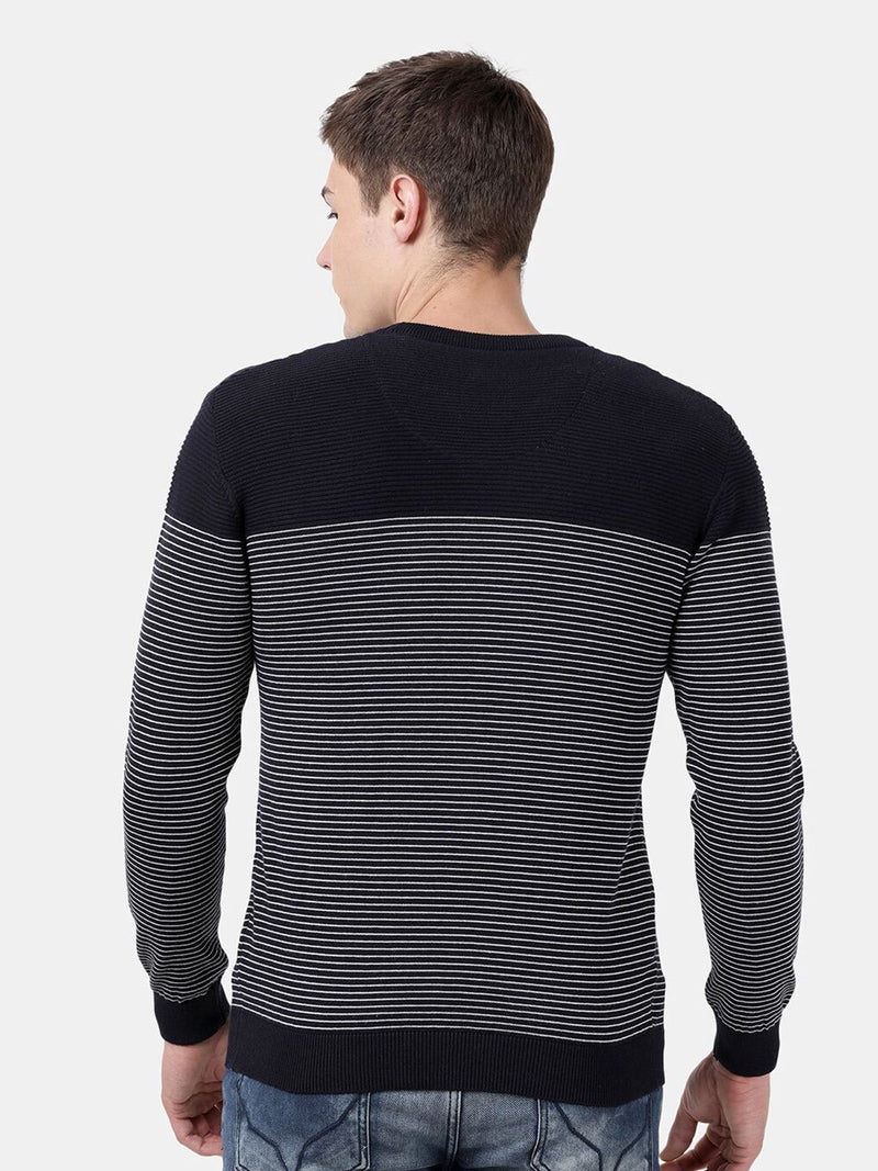 T-Base Men Navy Blue & White Striped Pullover
