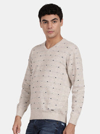 T-Base Geometric Printed V-Neck Woollen Pullover Sweater