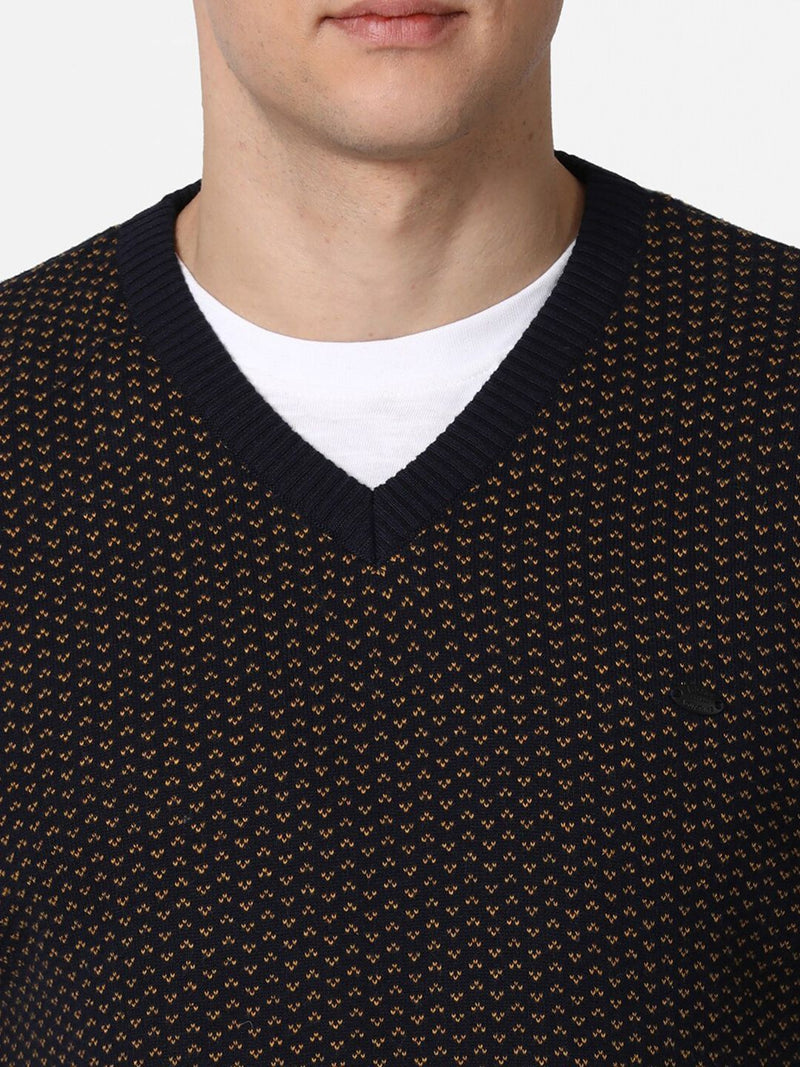 T-Base Men Charcoal & Mustard Quirky Printed Cotton Pullover