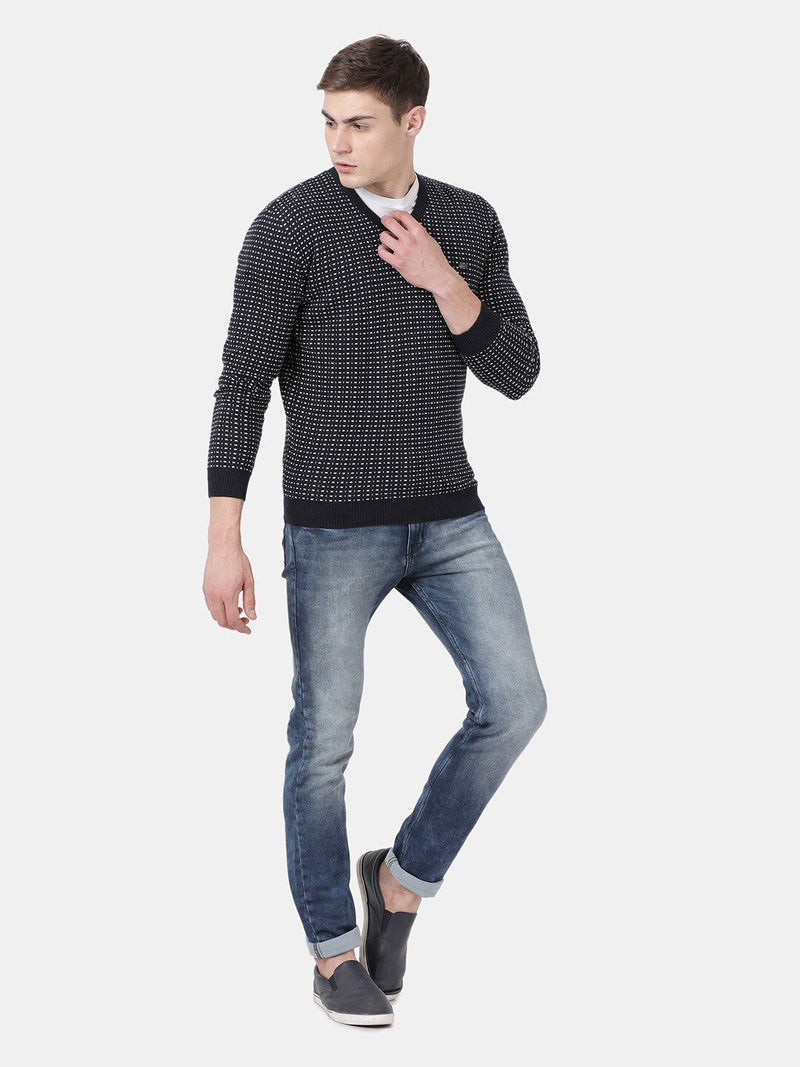 T-Base Men'S Navy Blue & White V-Neck Sweater