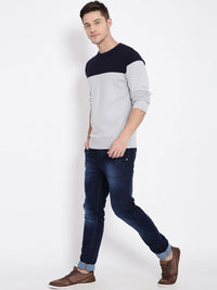 T-Base Men Grey & Navy Blue Colourblocked Pullover Sweater