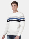 T-Base Men Off White & Blue Colourblocked Striped Pullover