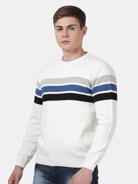 T-Base Men Off White & Blue Colourblocked Striped Pullover
