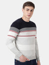 T-Base Men Navy Blue & Grey Striper Cotton Crewneck Sweater