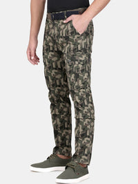 T-Base Men Olive Green Camouflage Printed Easy Wash Cargos Trousers