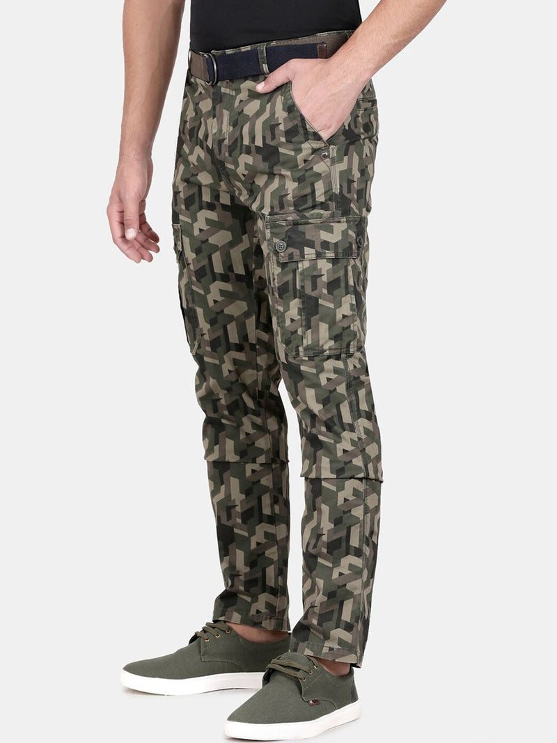 T-Base Men Olive Green Camouflage Printed Easy Wash Cargos Trousers