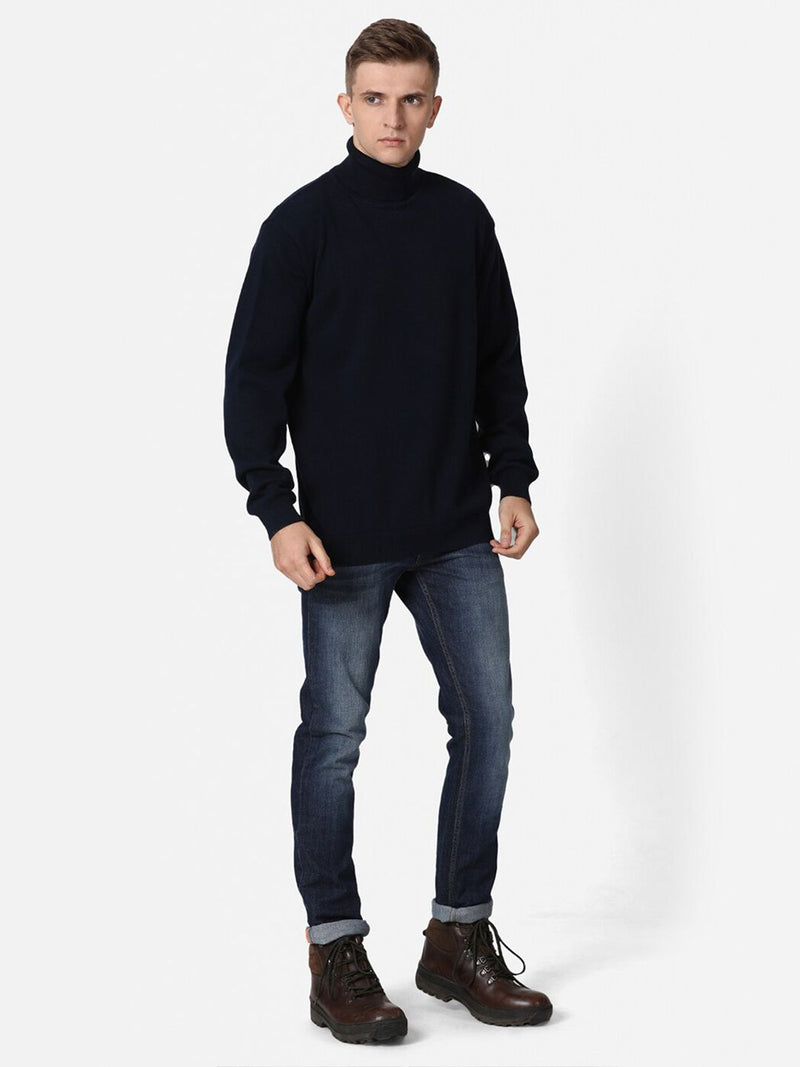 T-Base Men Navy Blue Solid Cotton Pullover