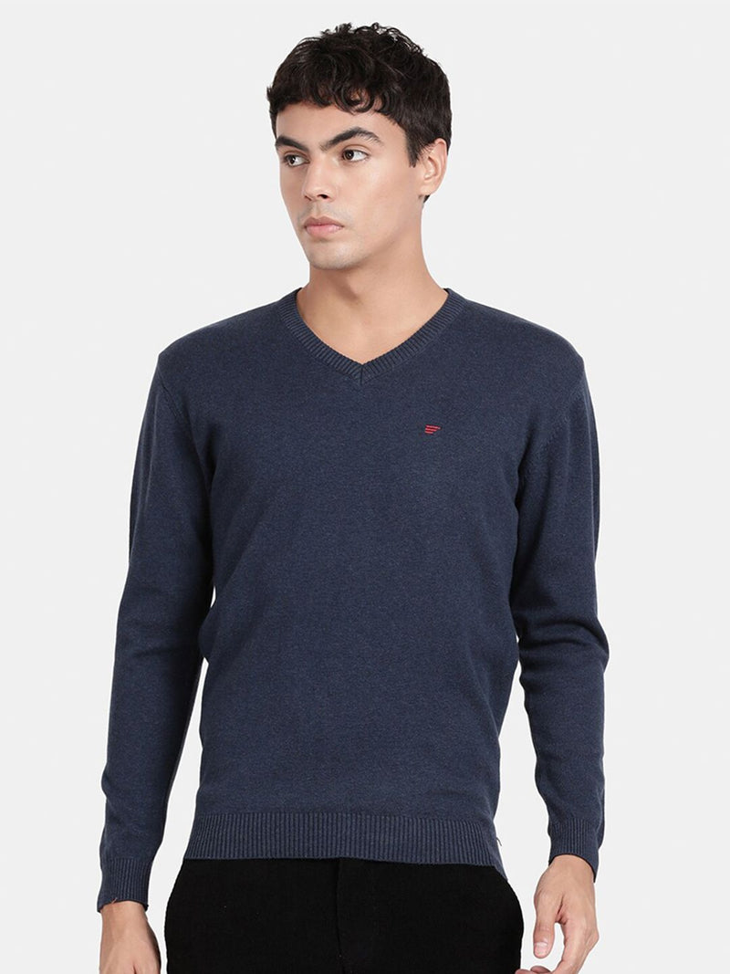 V Neck Mood Indigo Melange Full Sleeve Pullover