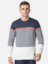 T-Base Men Blue & White Striped Cotton Pullover