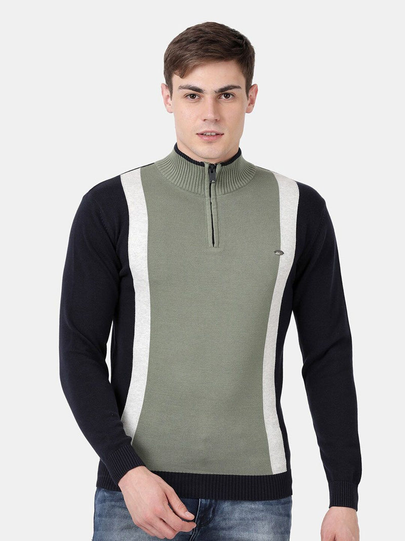 T-Base Men Olive Green & Black Colourblocked Pullover With Zip Detail