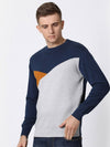 T-Base Men Navy Blue & Grey Colourblocked Cotton Pullover