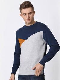 T-Base Men Navy Blue & Grey Colourblocked Cotton Pullover