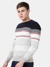T-Base Men Navy Blue & Grey Striper Cotton Crewneck Sweater