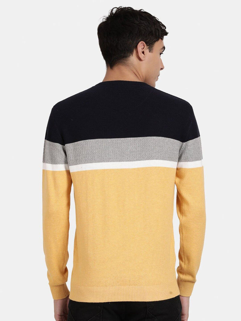 Crew Neck Full Sleeve Yellow Melange Color Blocked Pullover