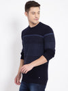 T-Base Men Navy Blue Striped Pullover Sweater